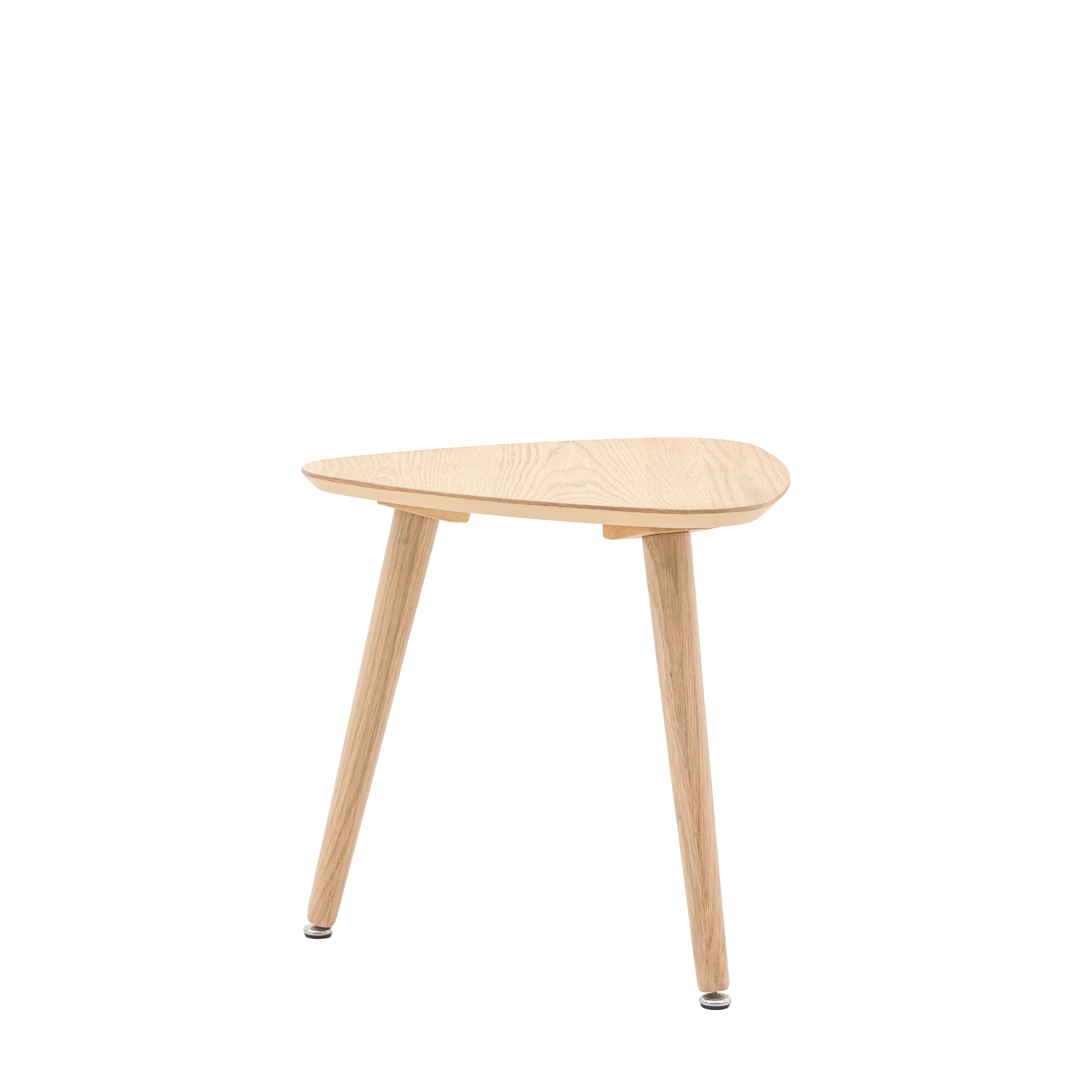 A light wood triangular side table with three legs on a white background.