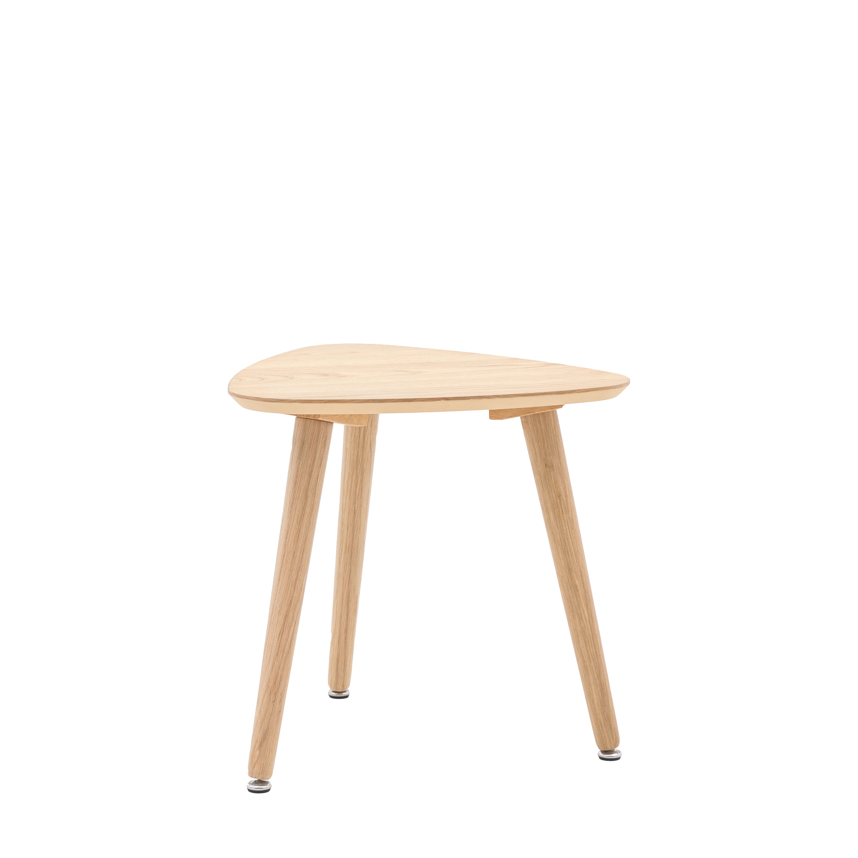 A light wood triangular side table with three legs on a white background.