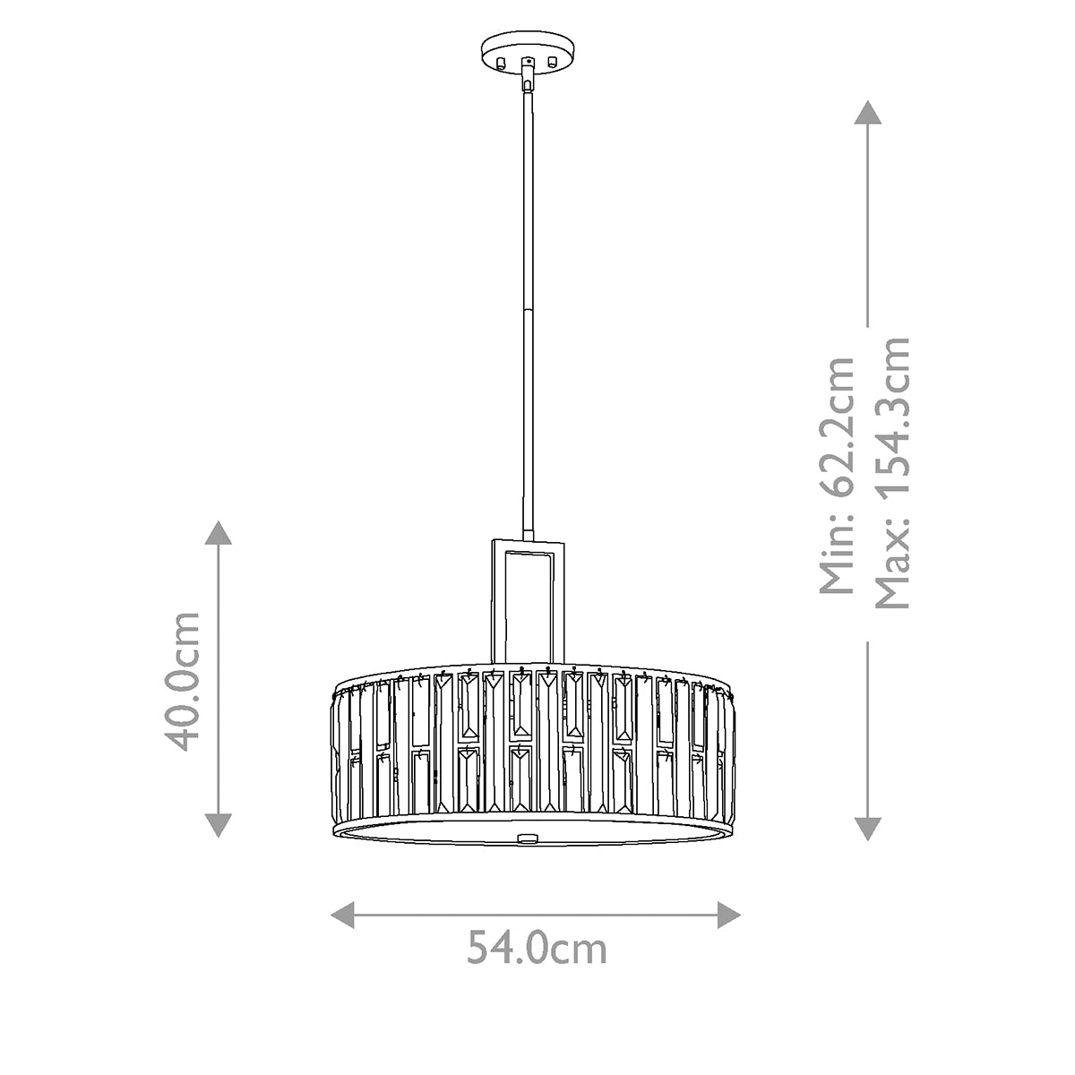 Line drawing of the pendant light with dimensions of 54.0cm width and 40.0cm height.