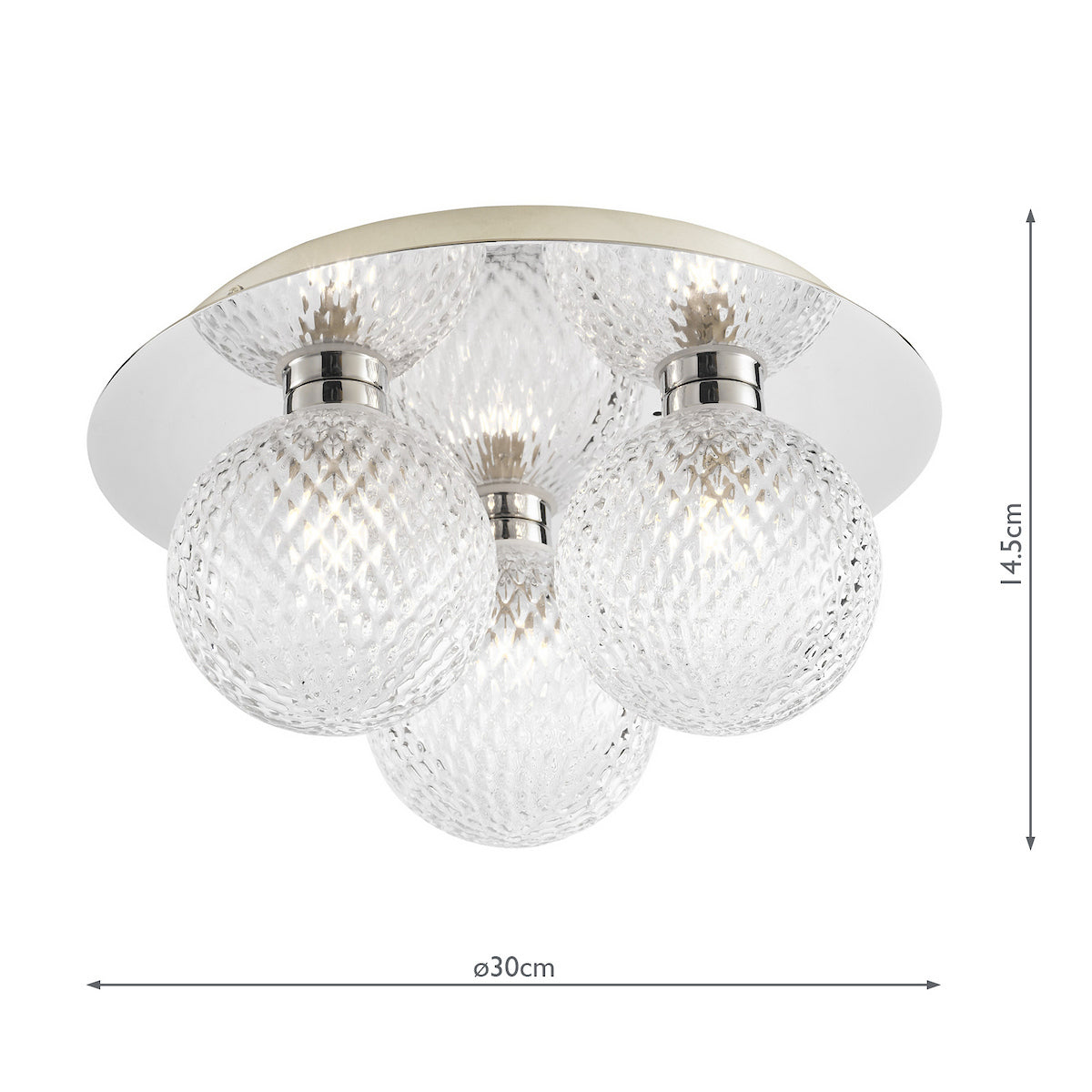 A ceiling light with three textured glass orb shades and a polished chrome base, with dimensions shown.