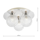 A ceiling light with three textured glass orb shades and a polished chrome base, with dimensions shown.