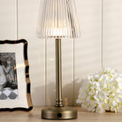 Bronze rechargable table lamp with a pleated clear plastic shade.