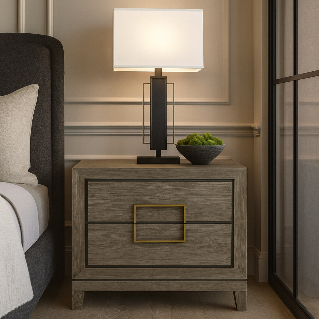 A close-up of a nightstand next to a bed, featuring a lamp and decorative plant.