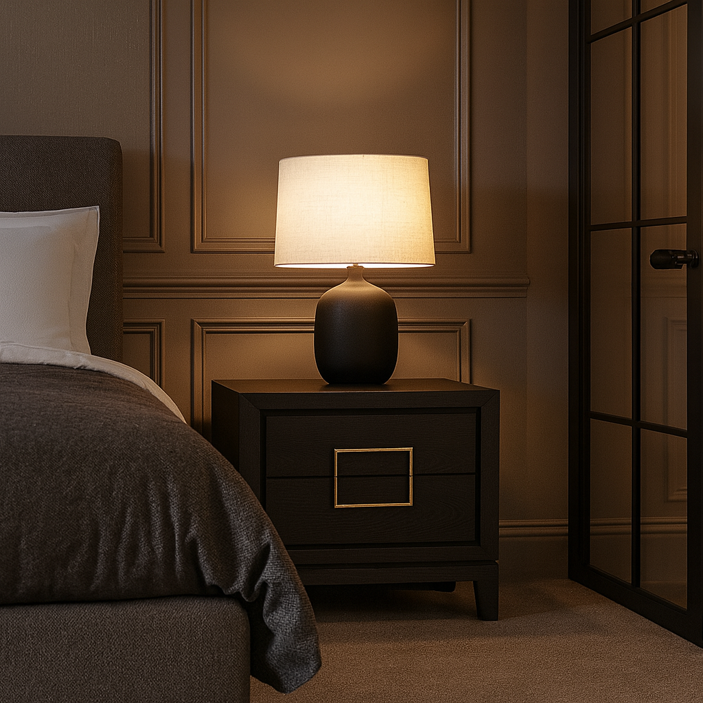 A close up of a bedroom with an illuminated lamp on a dark brown nightstand.
