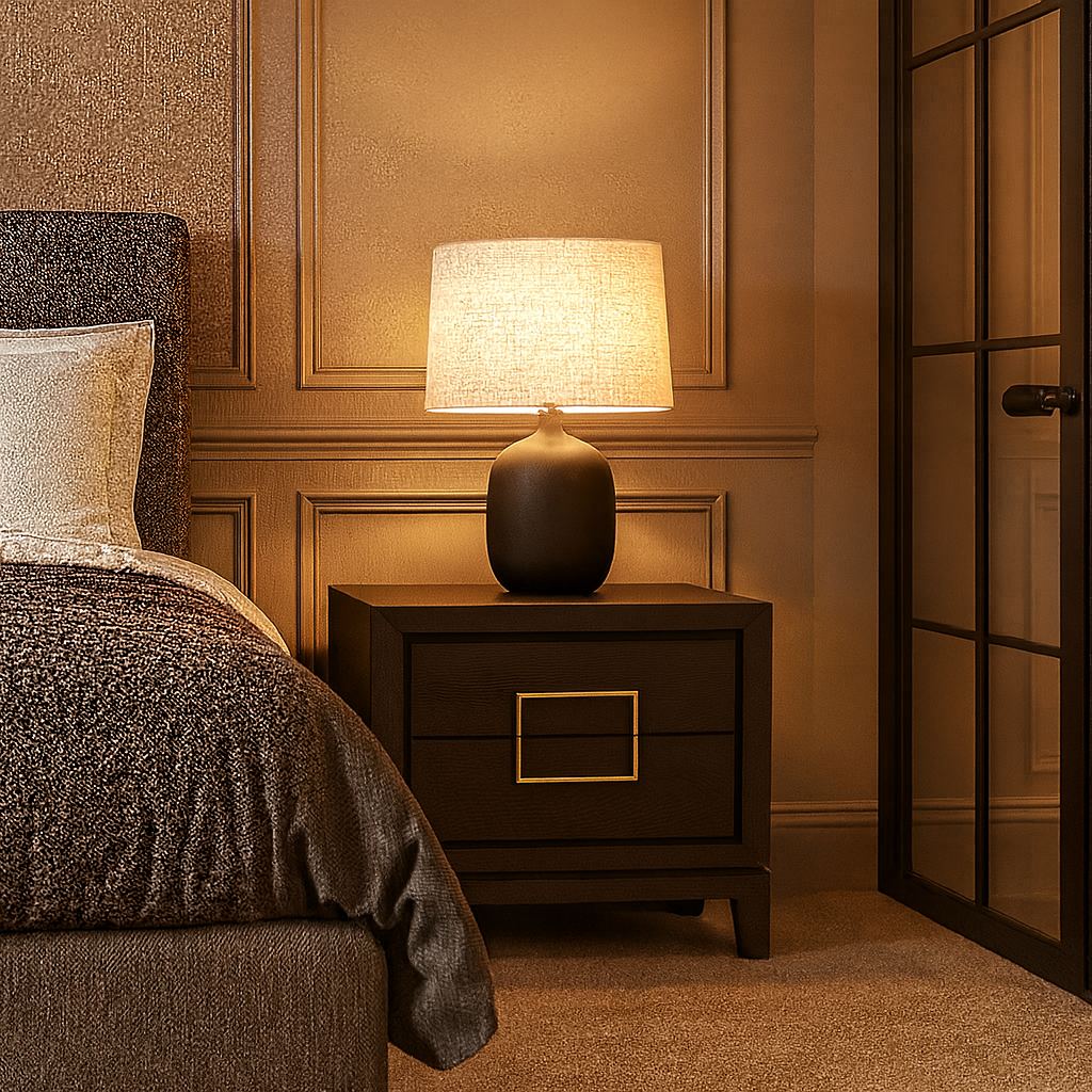 A close up of a bedroom with an illuminated lamp on a dark brown nightstand.