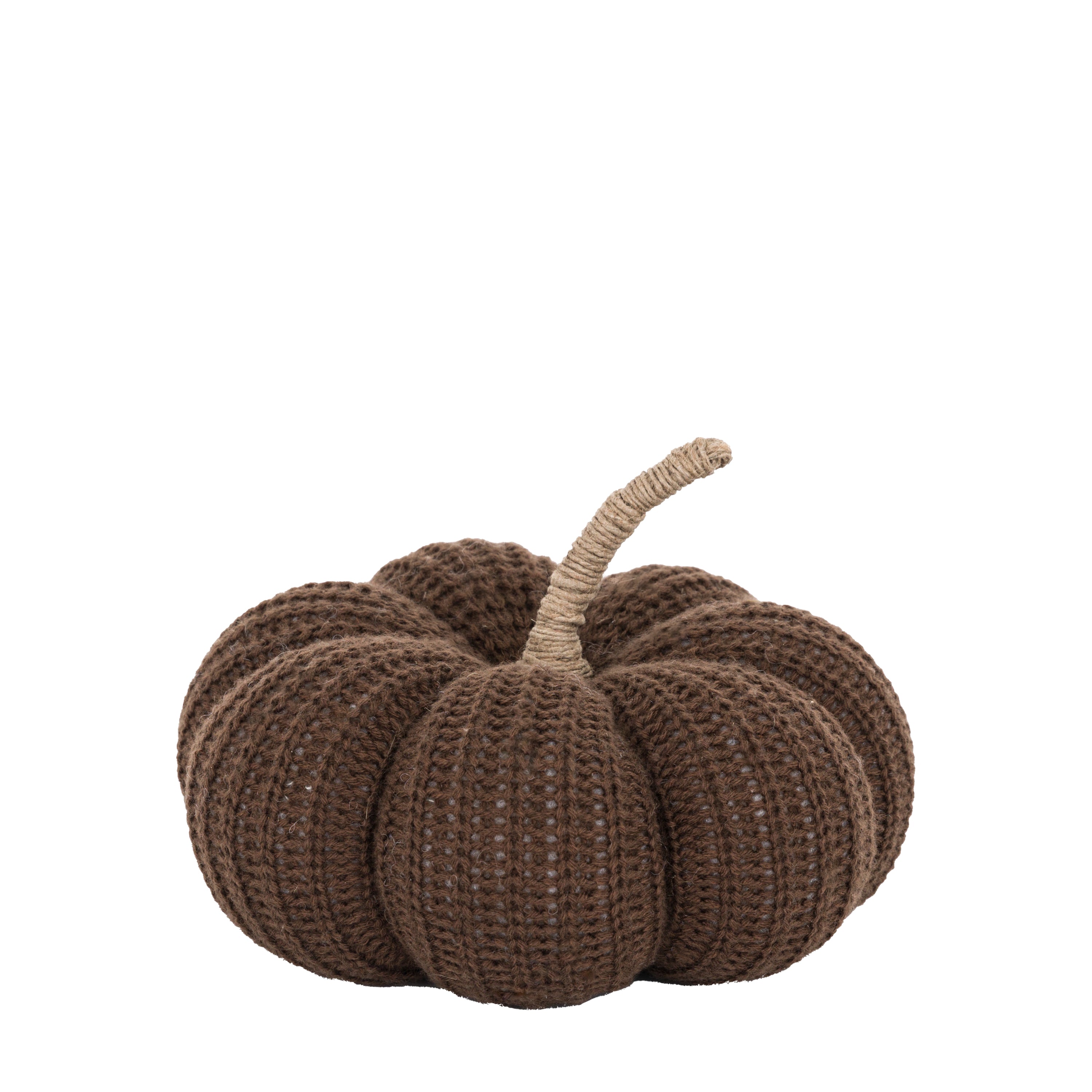 Brown knitted pumpkin with a natural stem on a white background, perfect for autumn decor.