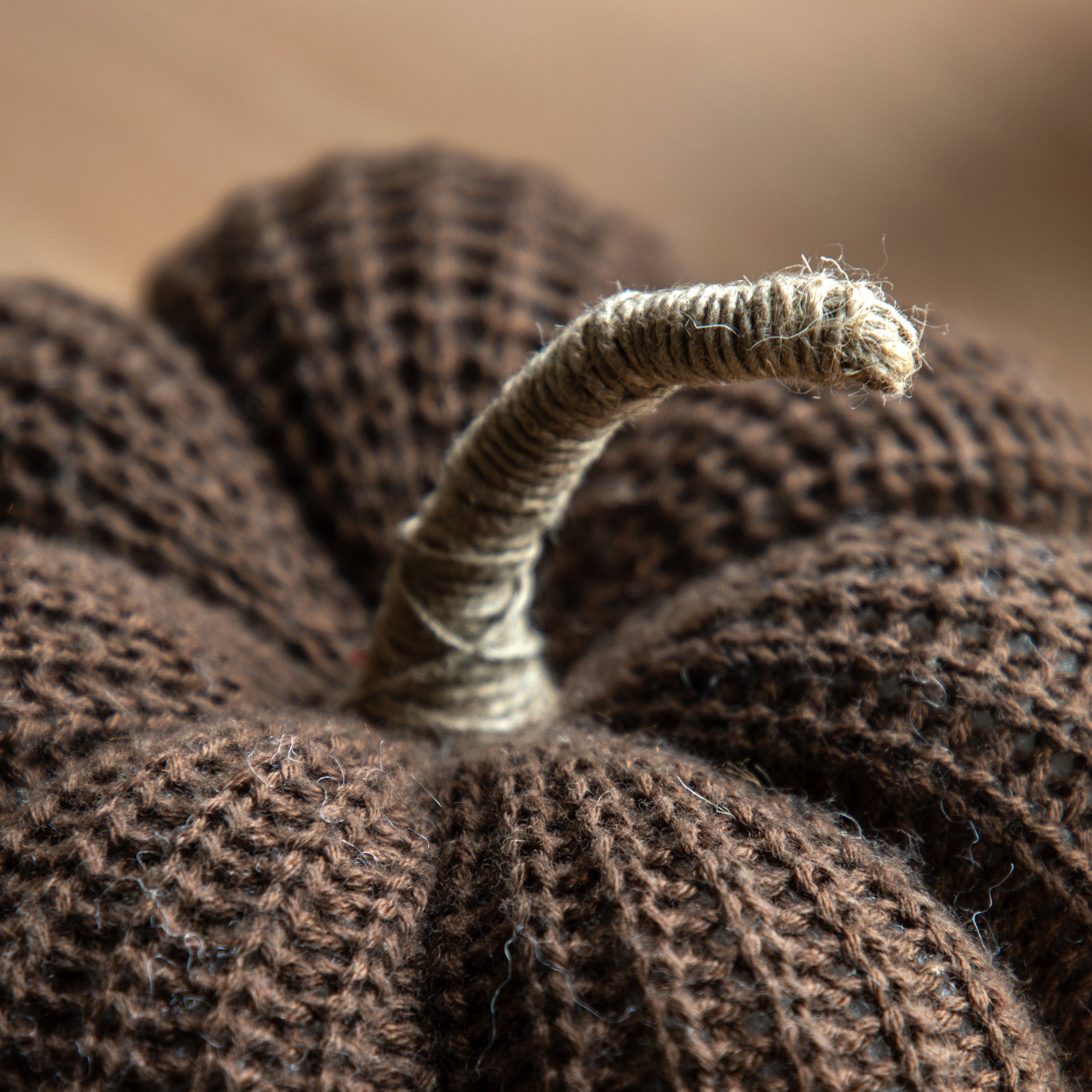 Close-up of the natural stem on a brown knitted pumpkin, highlighting its texture.