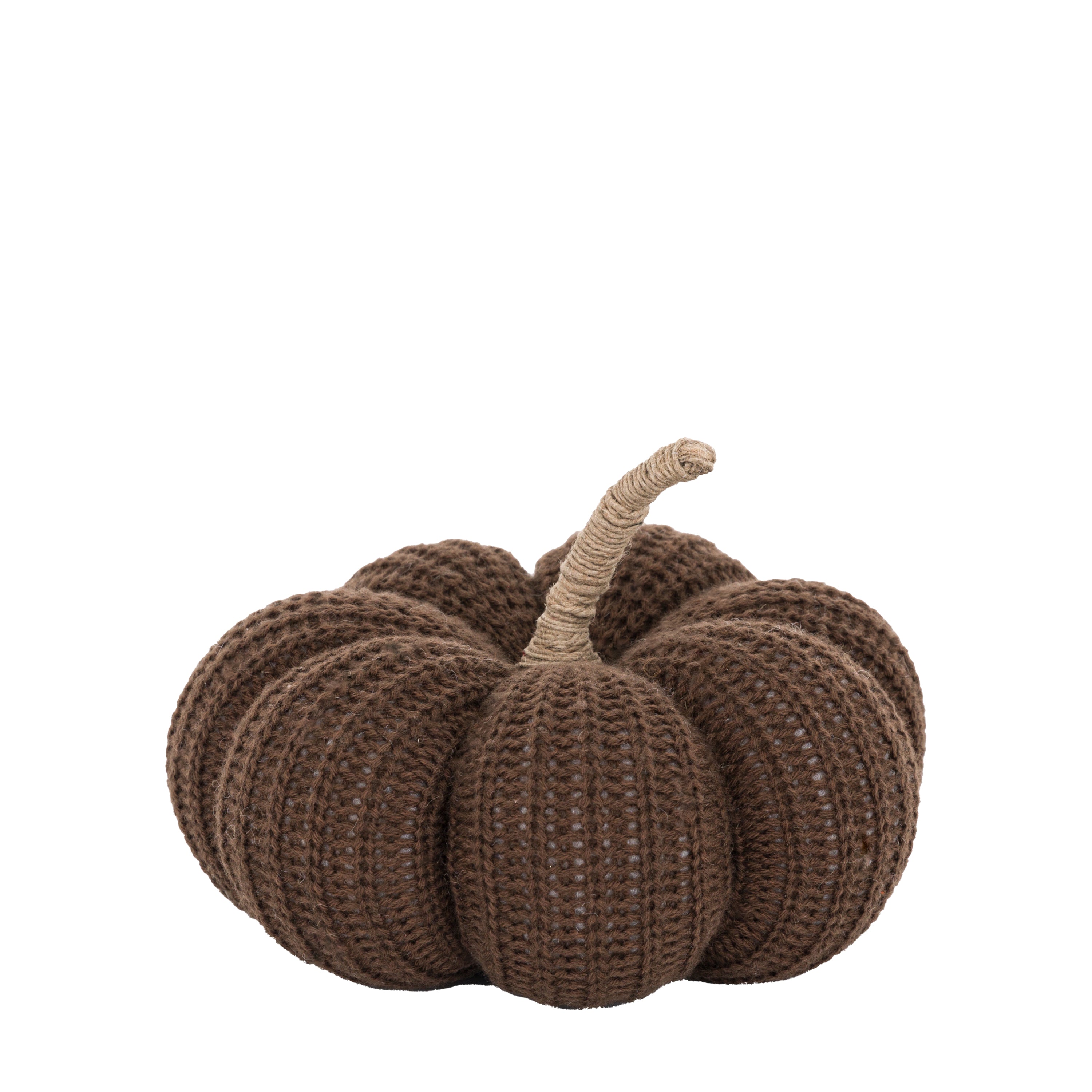 Brown knitted pumpkin with a natural stem on a white background, ideal for fall decoration.