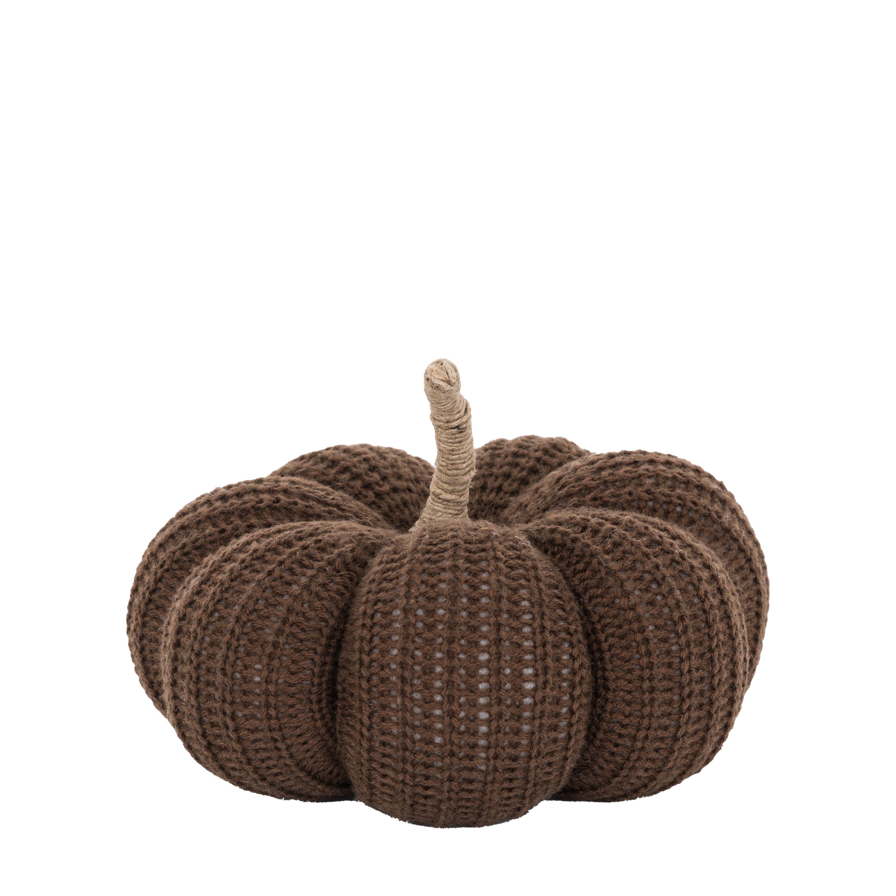 Brown knitted pumpkin with a natural stem on a white background, a cozy fall accent.