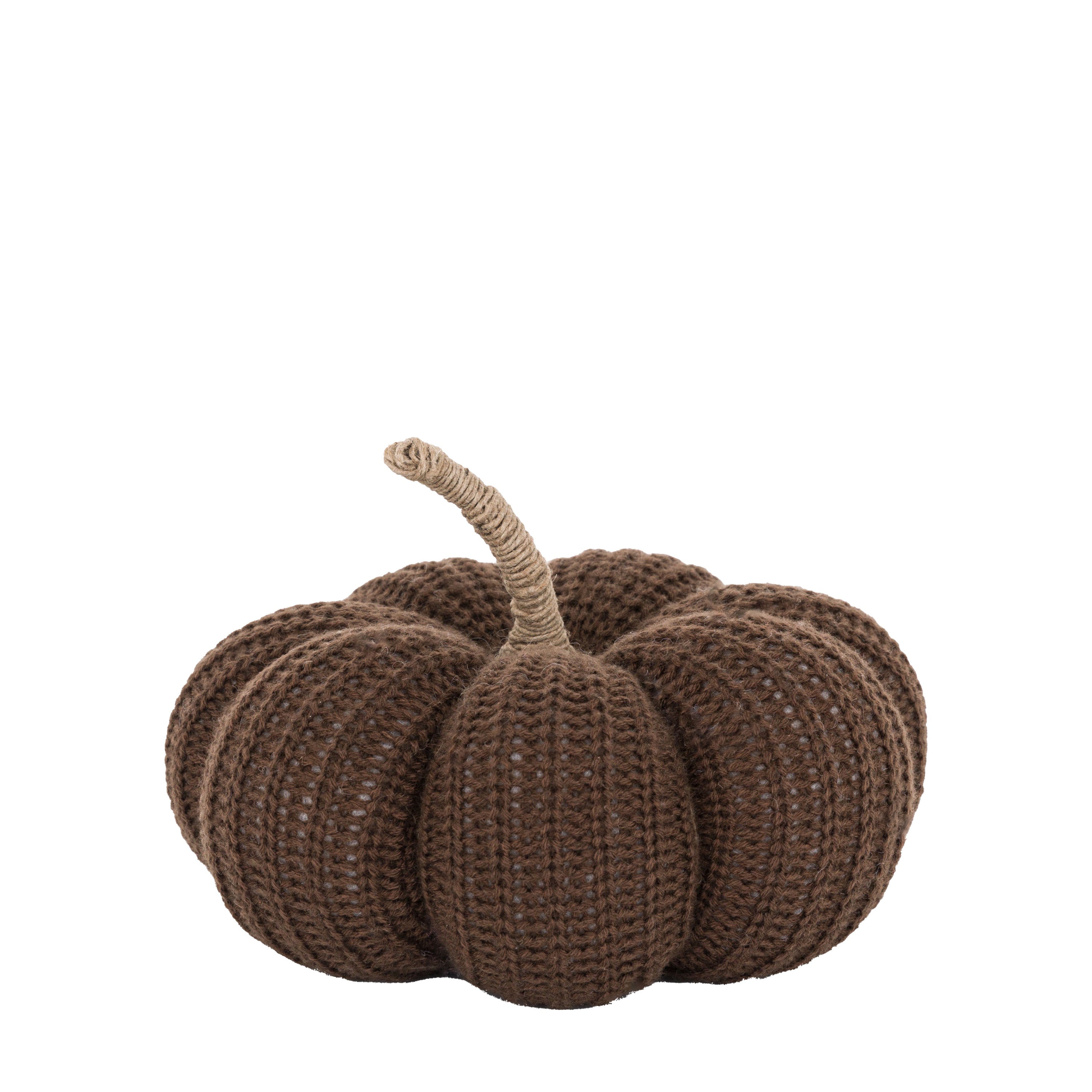 Brown knitted pumpkin with a natural stem on a white background, for charming autumn displays.
