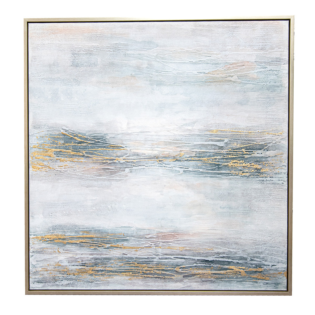 Mists Champagne, Blue, Gold And Neutral Toned Canvas by RV Astley