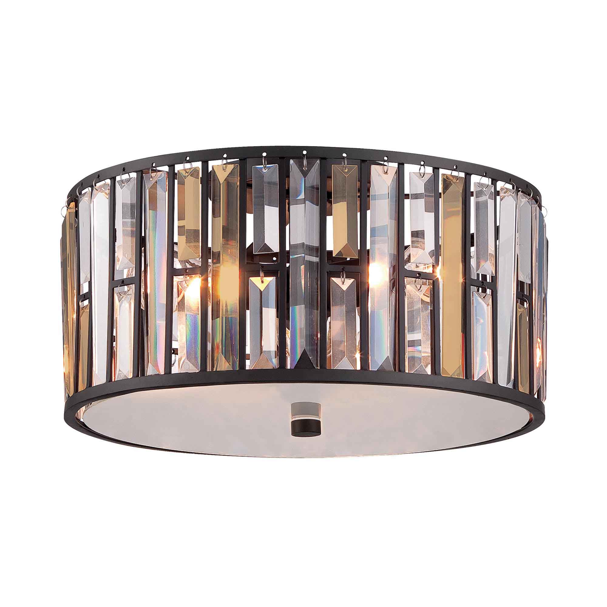 Round crystal flush mount light fixture with bronze finish and clear and amber rectangular crystals.