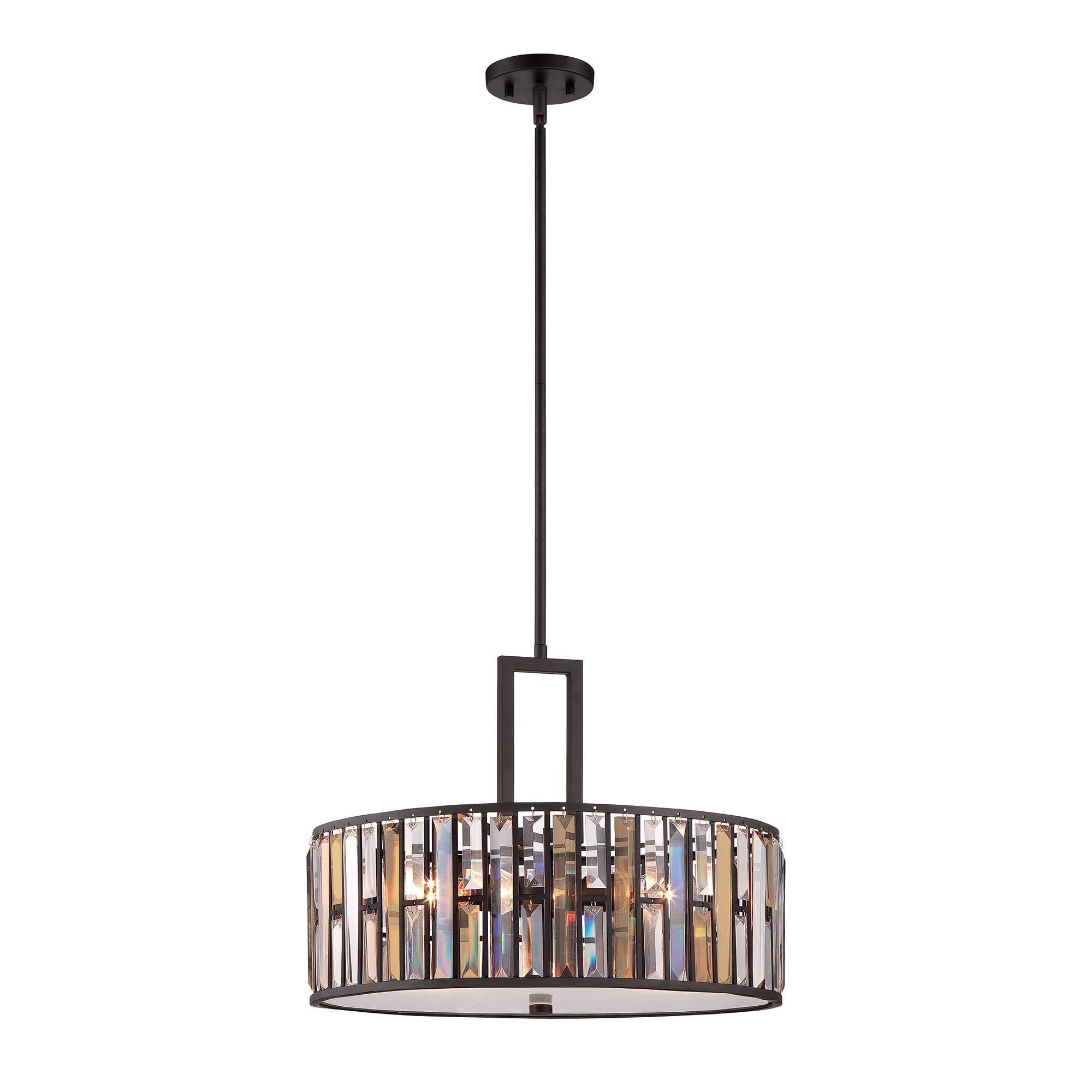 A round pendant light with bronze finish and rectangular clear and amber crystals.