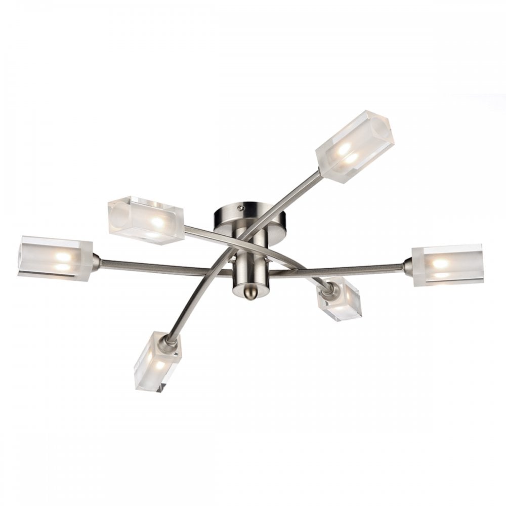 A modern chrome ceiling light with six frosted glass shades arranged radially.