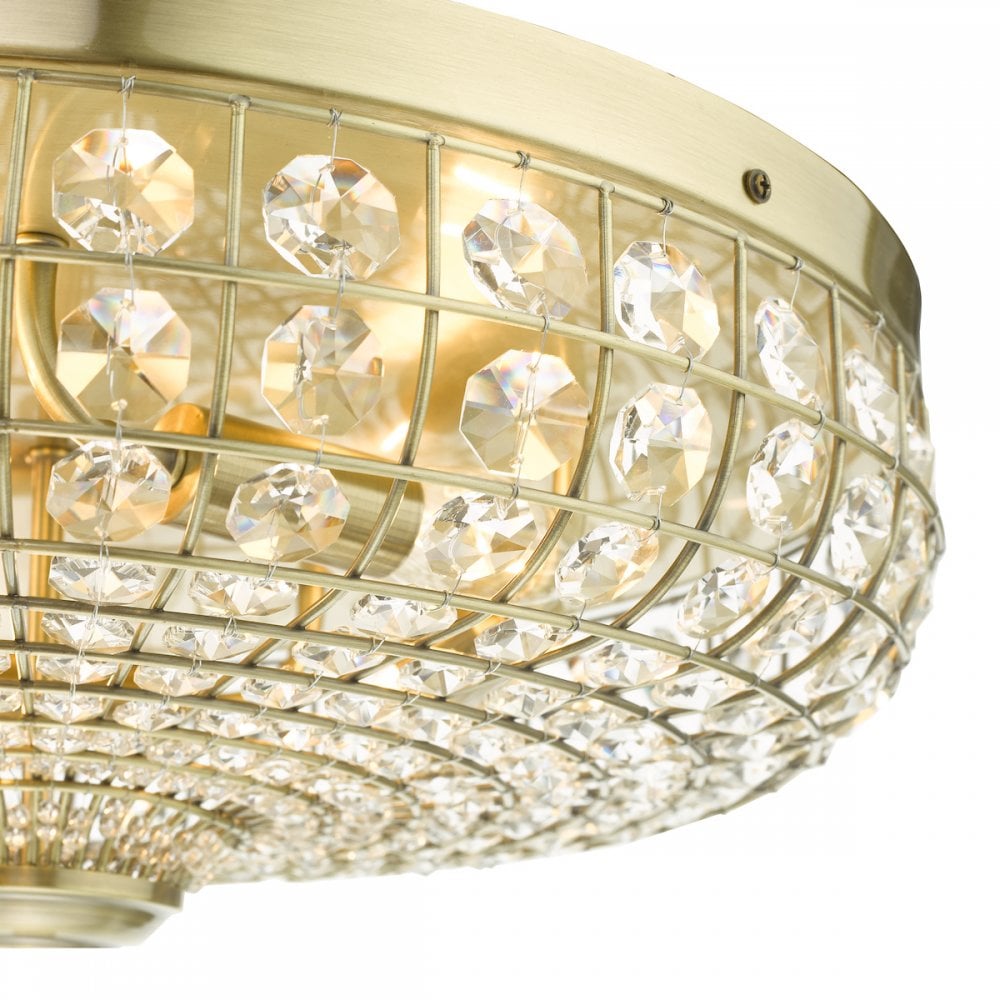 A close-up of a crystal flush mount light fixture.