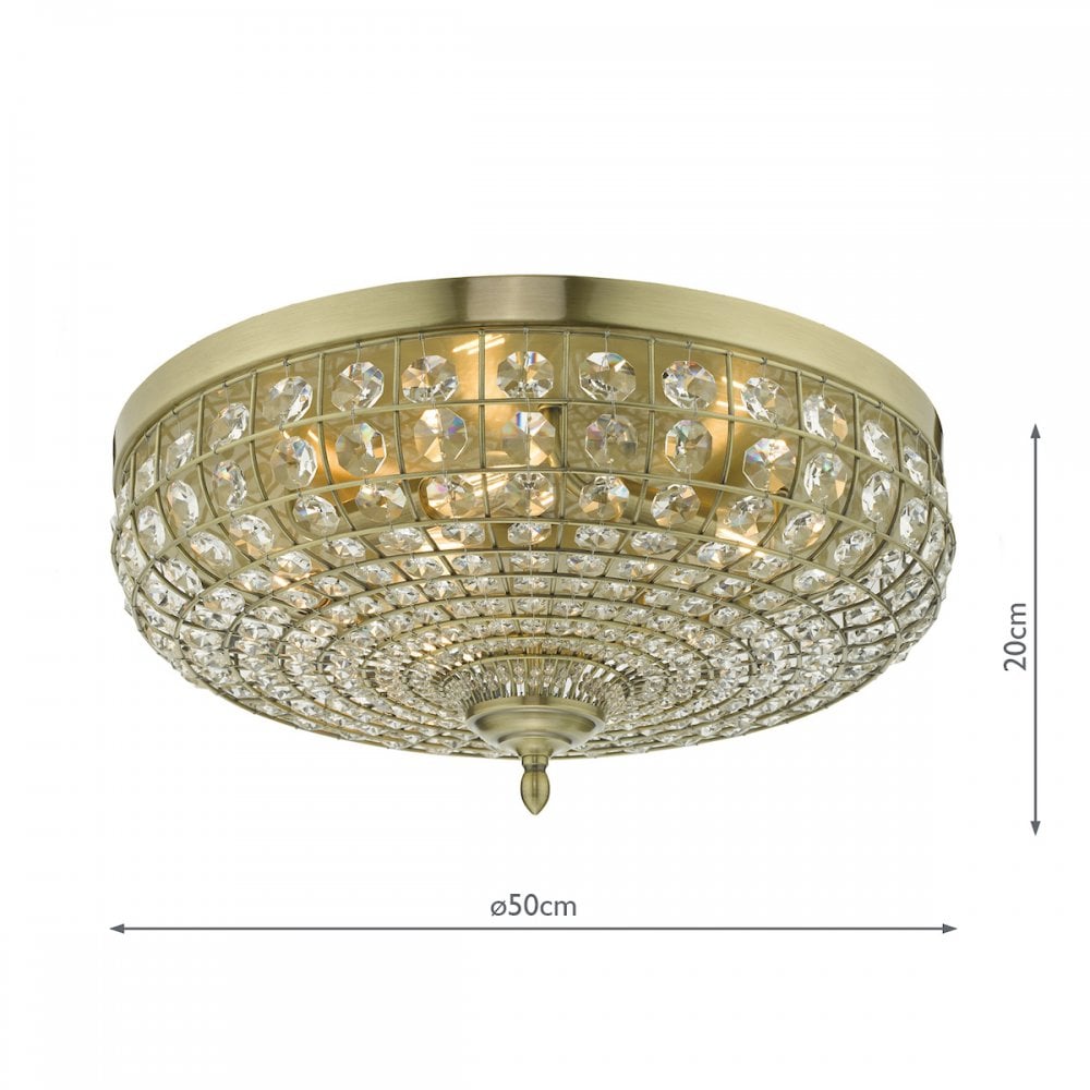 A crystal flush mount light fixture with its dimensions visible.