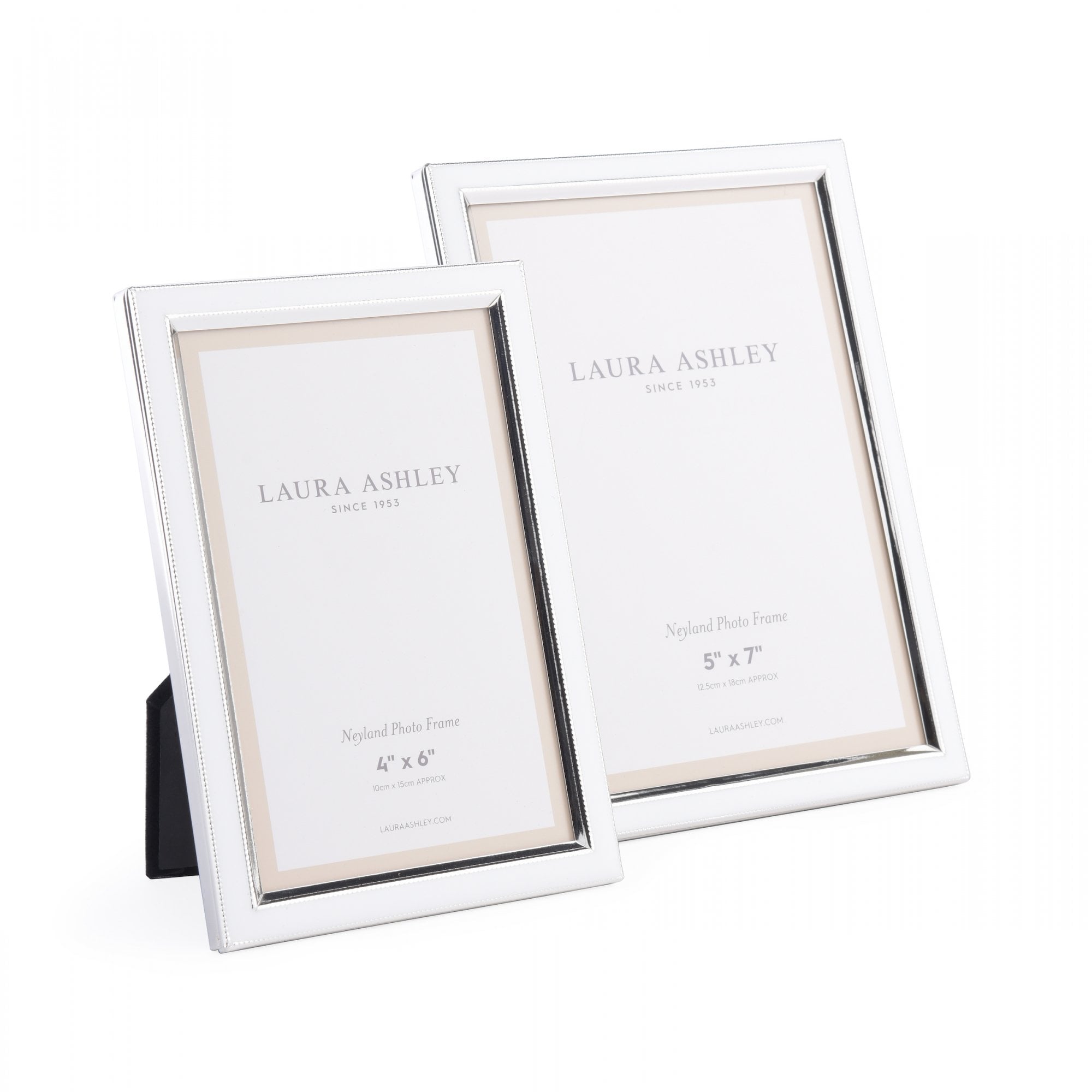 Two shiny silver Laura Ashley photo frames, one 4" x 6" and one 5" x 7".