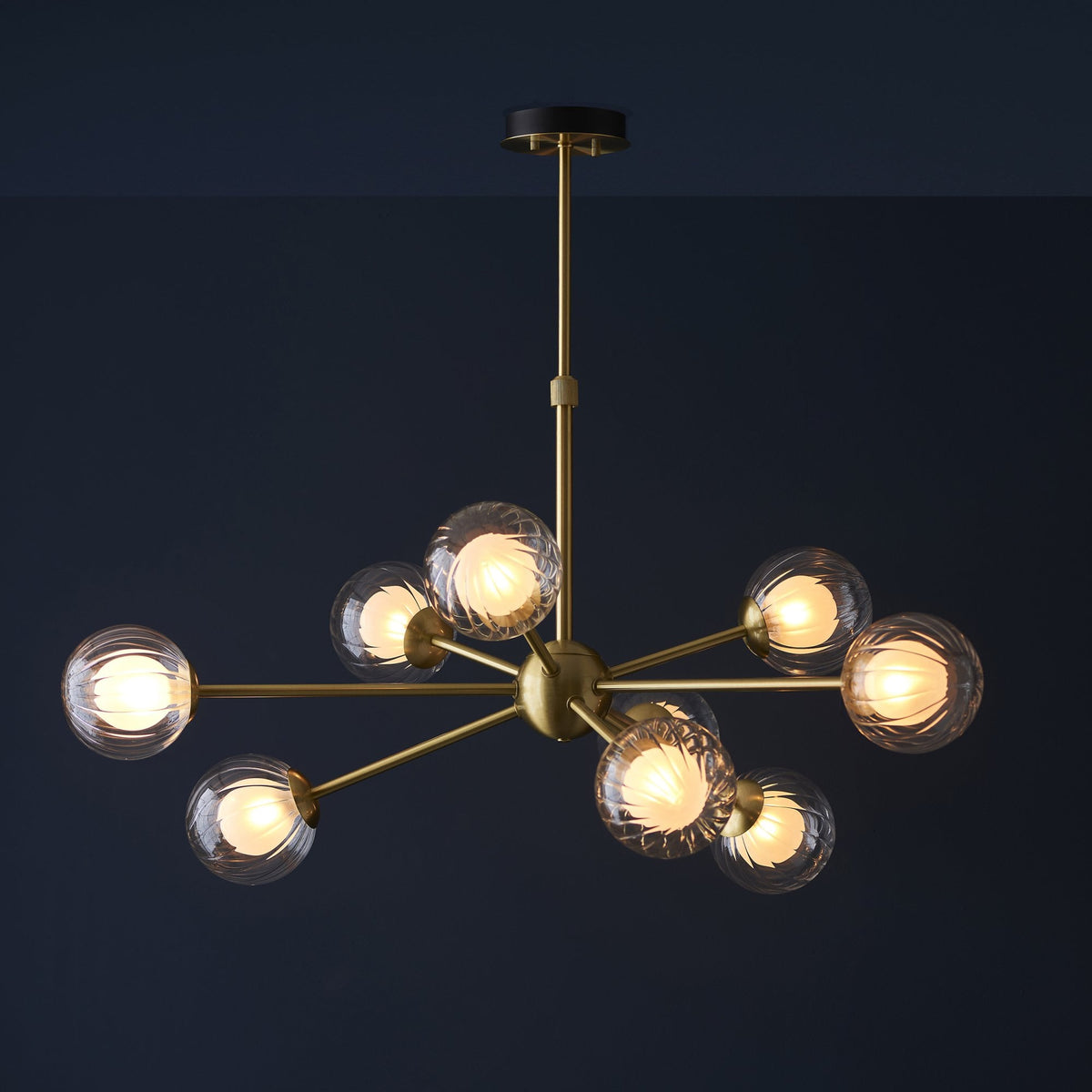 Miley 9 Light Multi Arm Satin Brass Pendant Light & Clear Ribbed / Fro ...