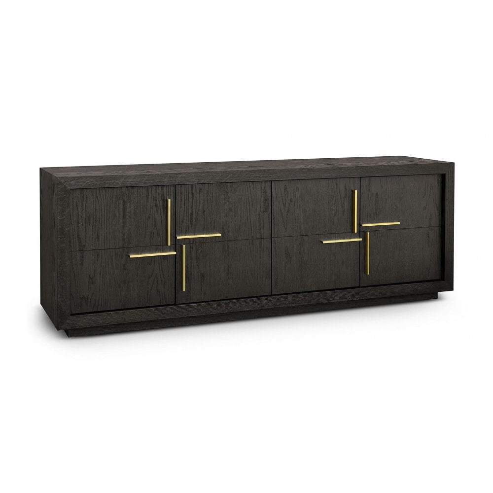 Dark wood console with gold criss-cross handles, on a white background.