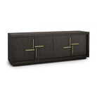 Dark wood console with gold criss-cross handles, on a white background.