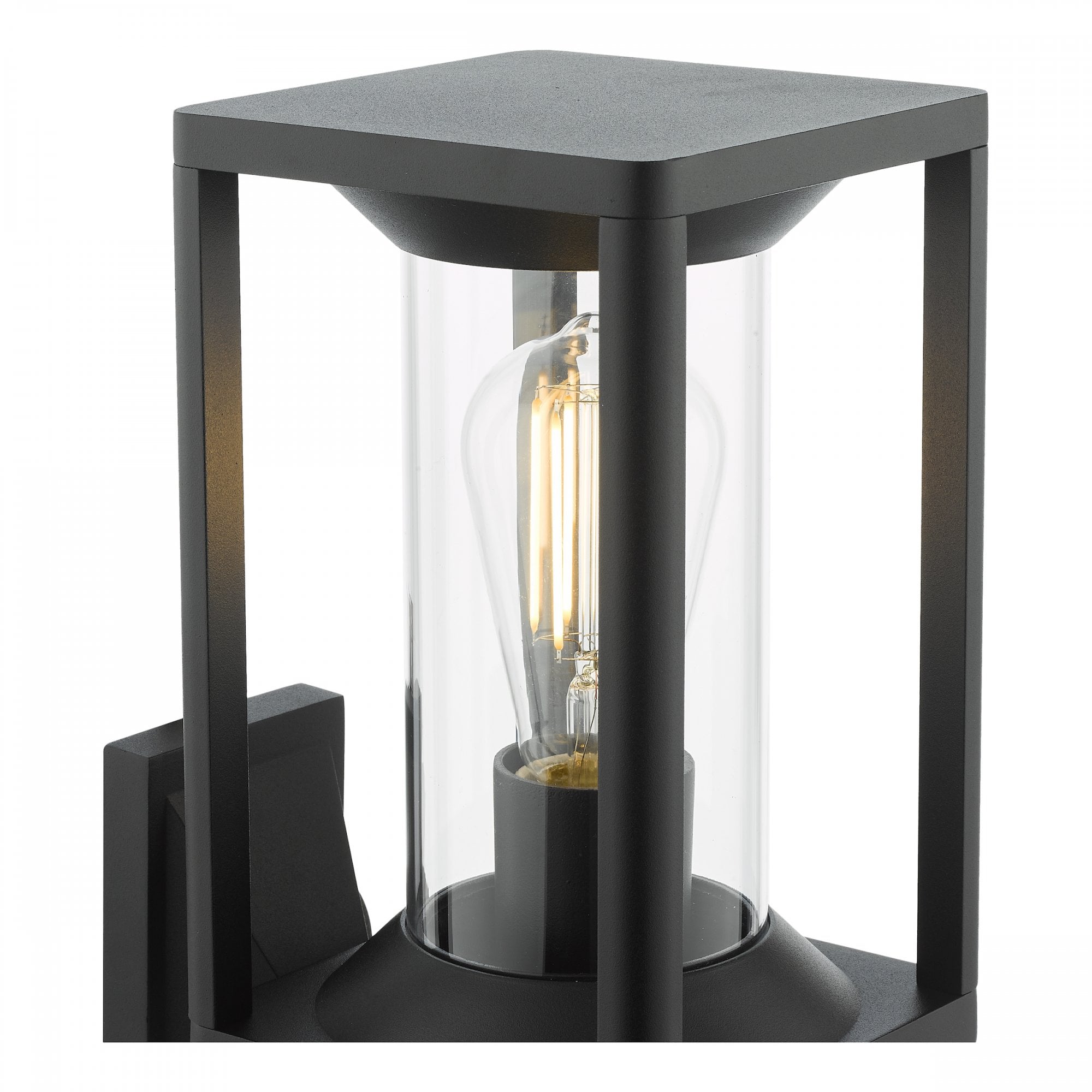 Close-up of a black outdoor wall light showing the LED filament bulb glowing softly.