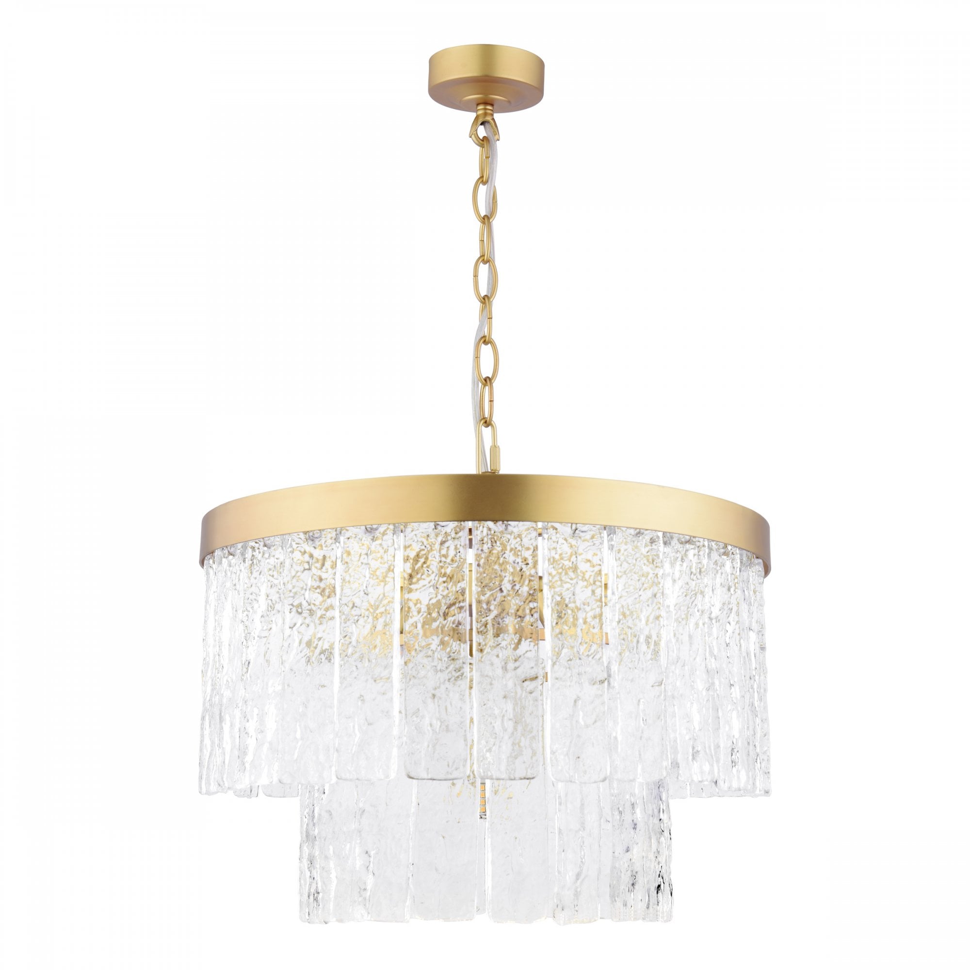 A two-tiered glass chandelier with a brass ring, unlit against a white background.