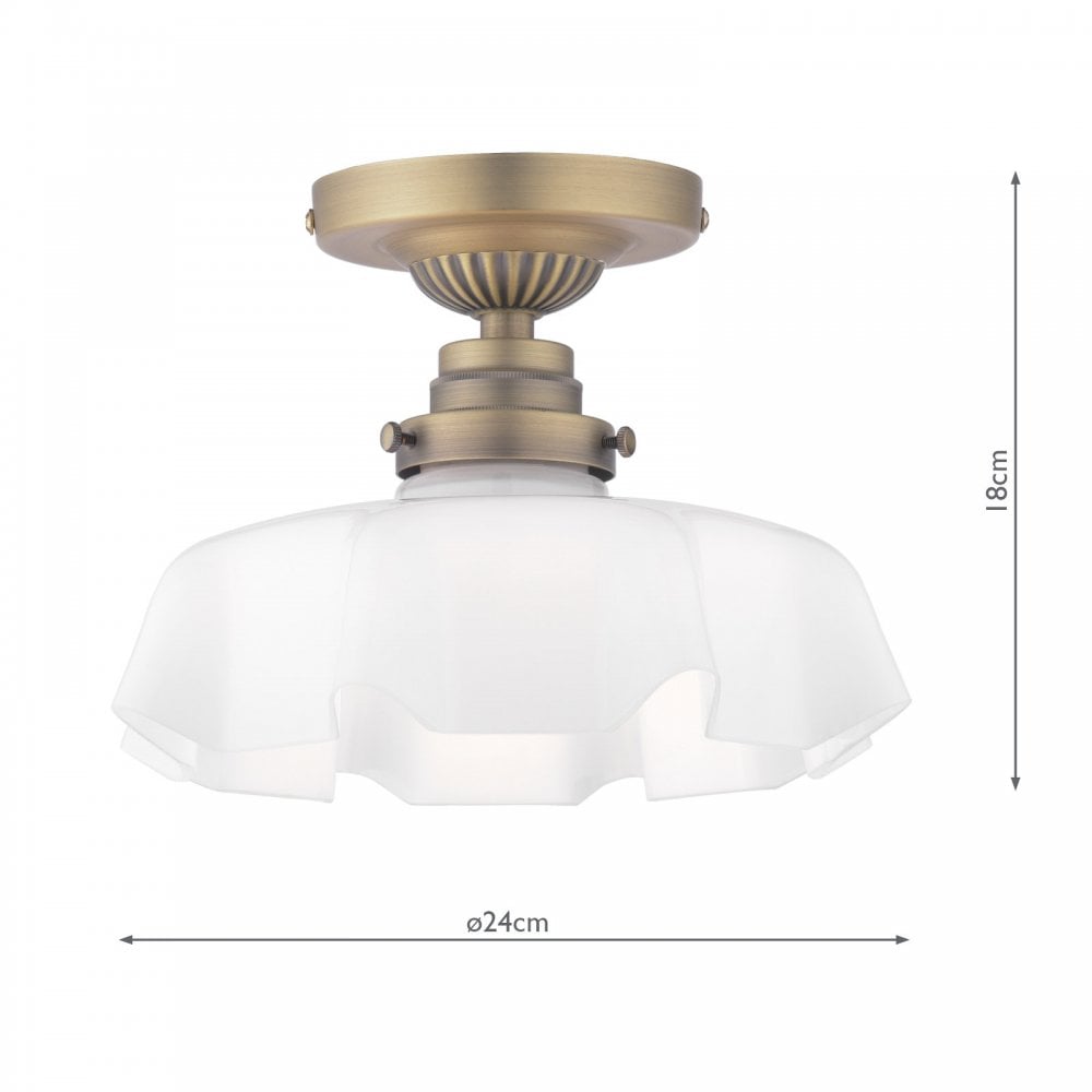 A diagram of a brass ceiling light, featuring a ruffled glass shade, with dimensions 24x18cm.