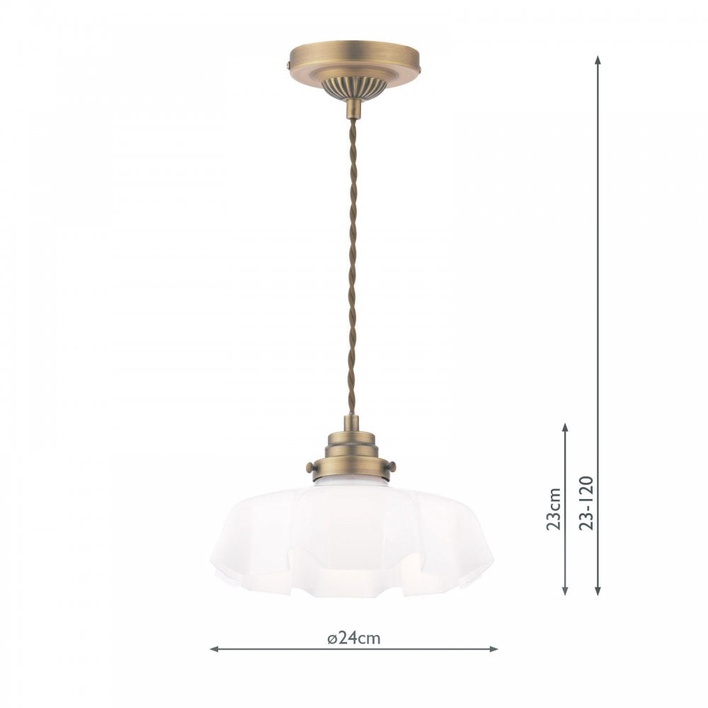 Dimensions for a brass pendant light with a fluted white glass shade are shown.