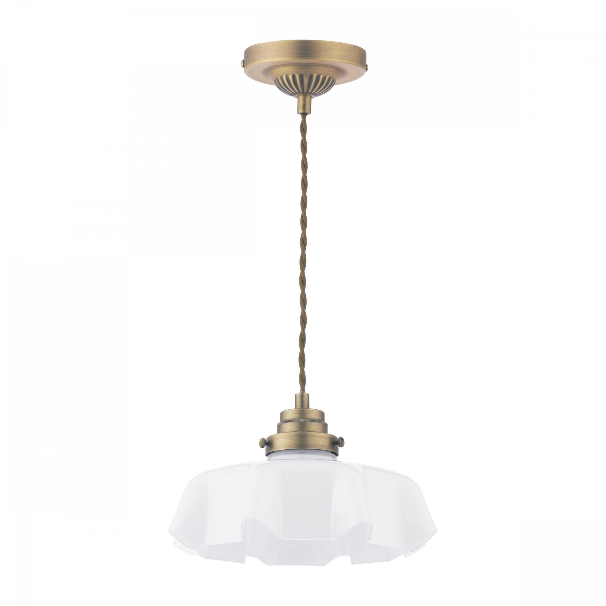 A brass pendant light with a white fluted glass shade on a white background.
