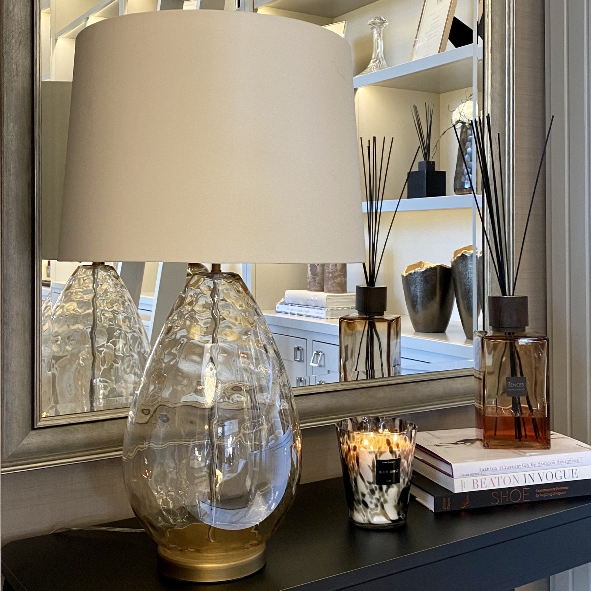 Riom Antique Brass & Cognac Glass Table Lamp by RV Astley
