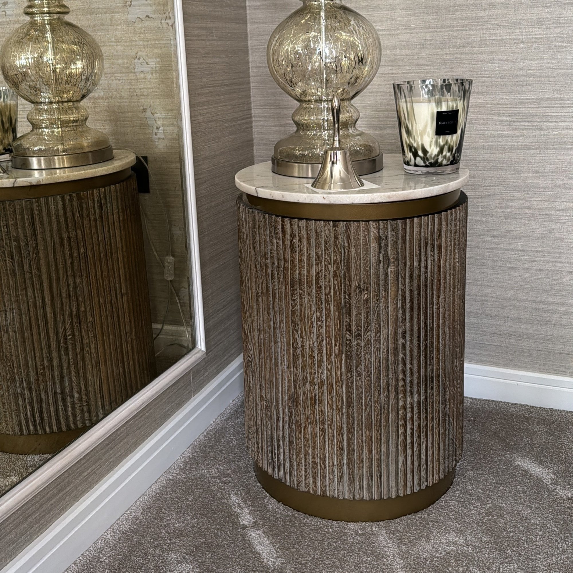 Maigue Brown Textured Wood Side Table with Marble Top by RV Astley