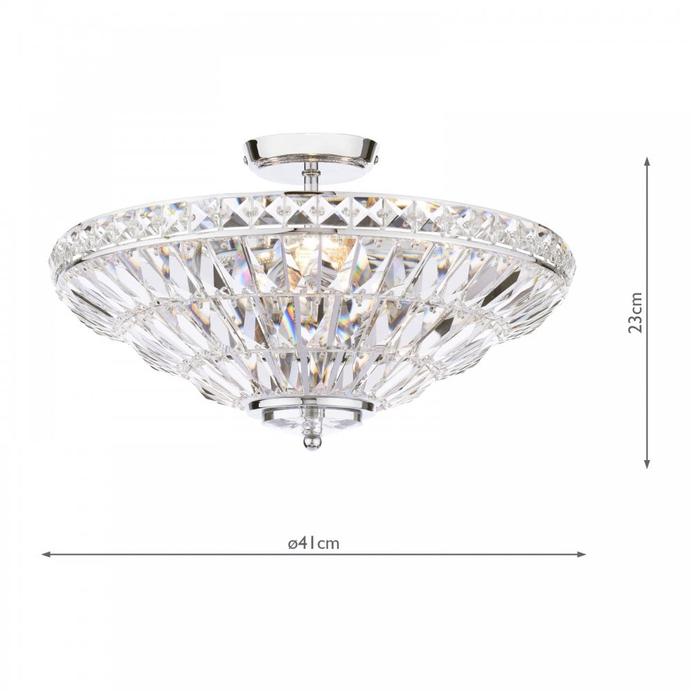 A crystal ceiling light with dimensions, measuring 41cm in diameter and 23cm in height.