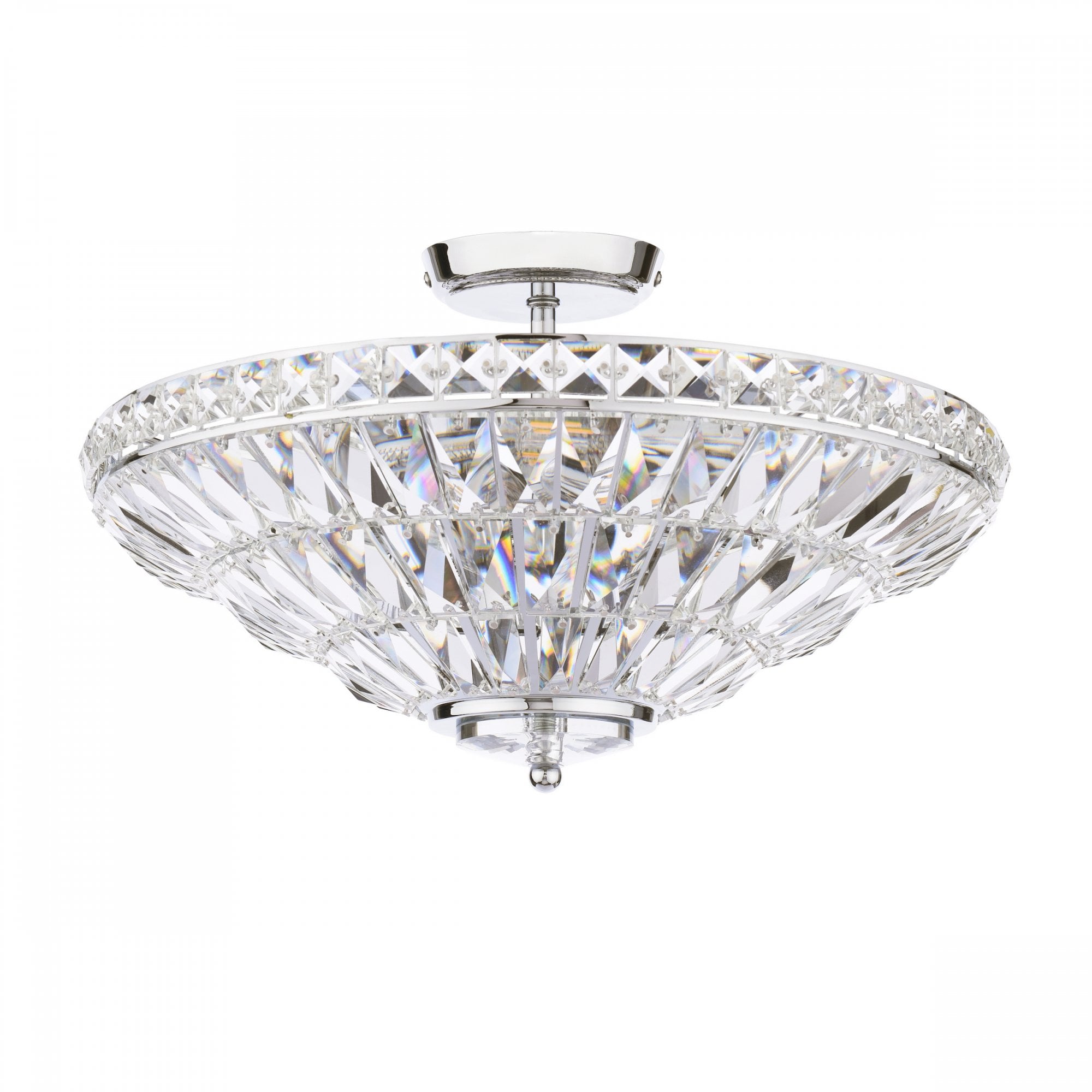 A stunning crystal ceiling light with chrome accents, designed to enhance any room's decor.
