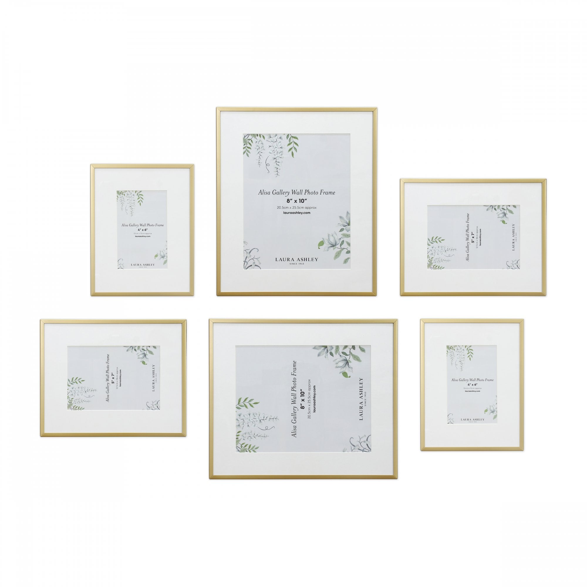 A set of six gold picture frames with white matting, arranged on a white background.