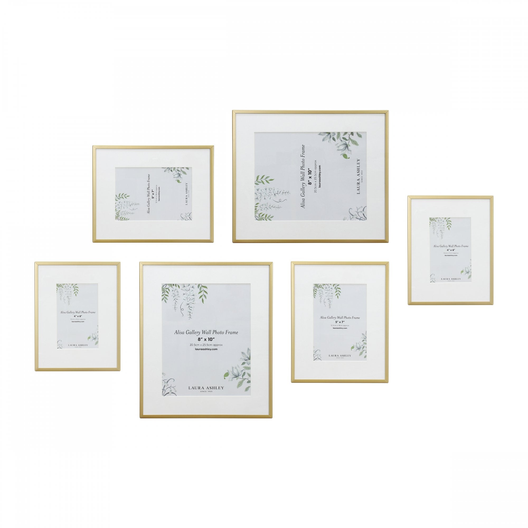 A collection of six gold picture frames with white matting, arranged on a white background.