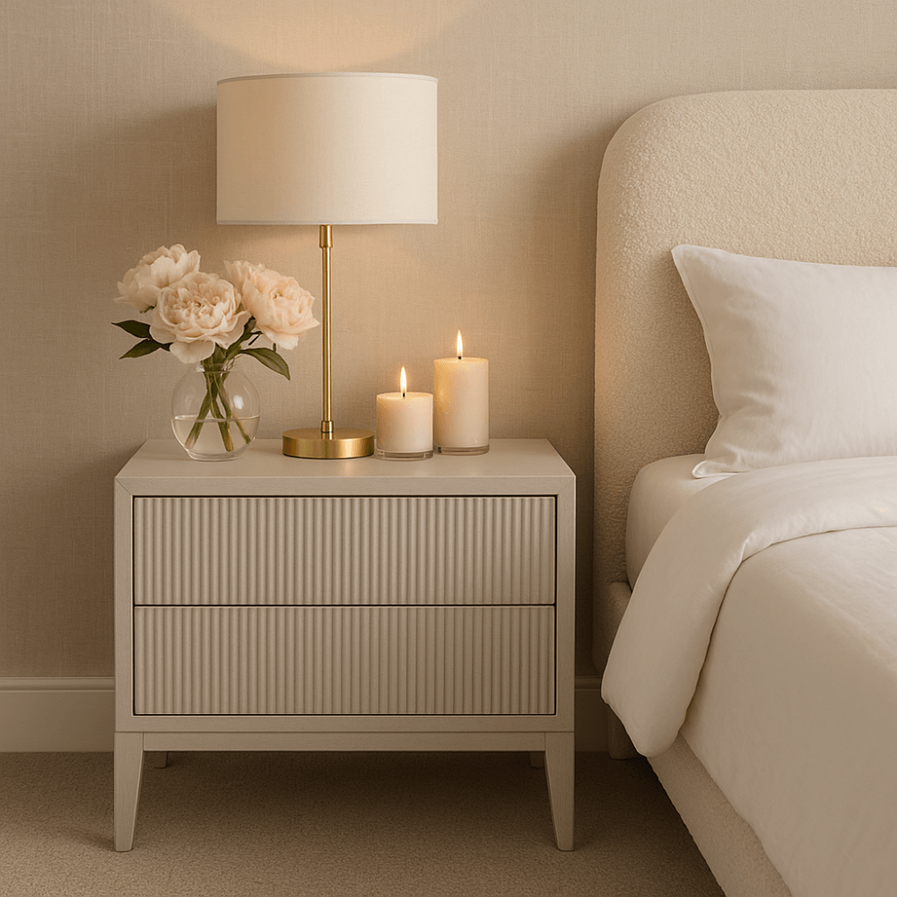 Amur Ceramic Grey Finish Wide Bedside Table by RV Astley