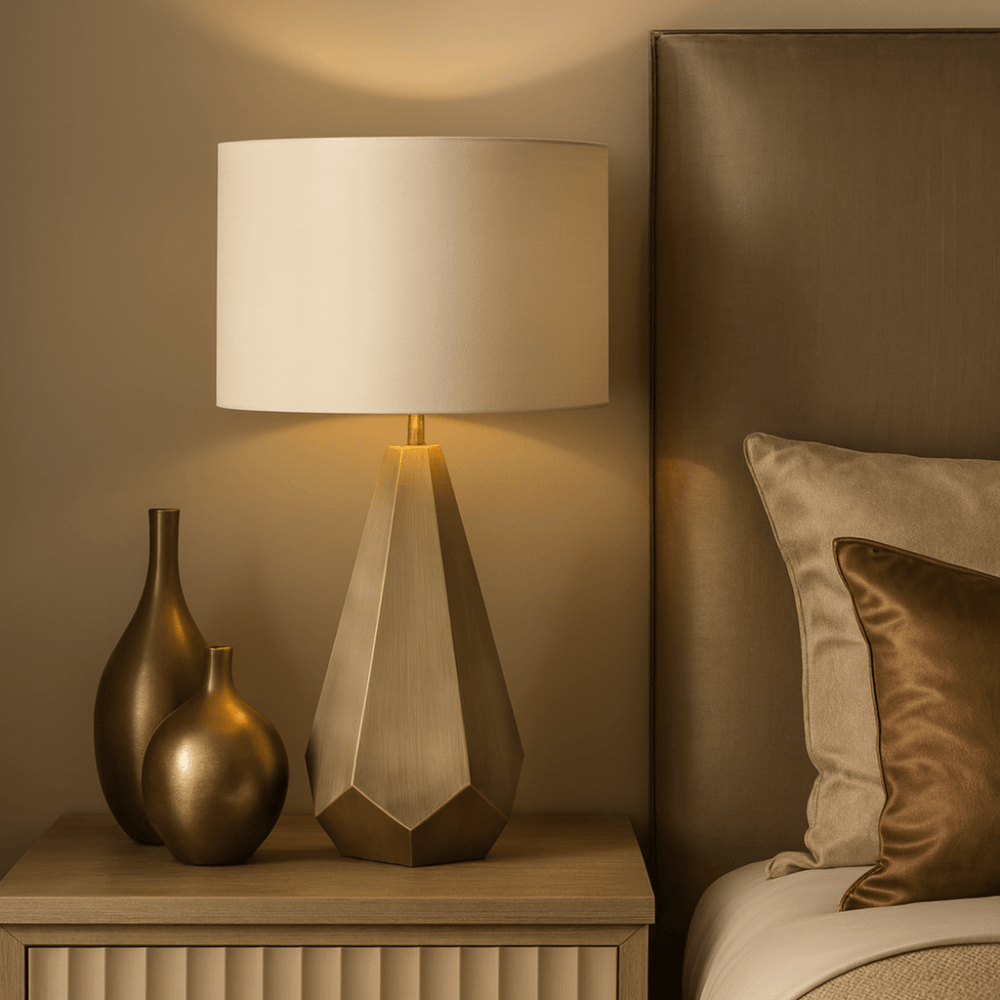 Agato Antique Brass & Soft Latte Table Lamp by RV Astley