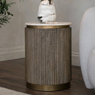 Maigue Brown Textured Wood Side Table with Marble Top by RV Astley