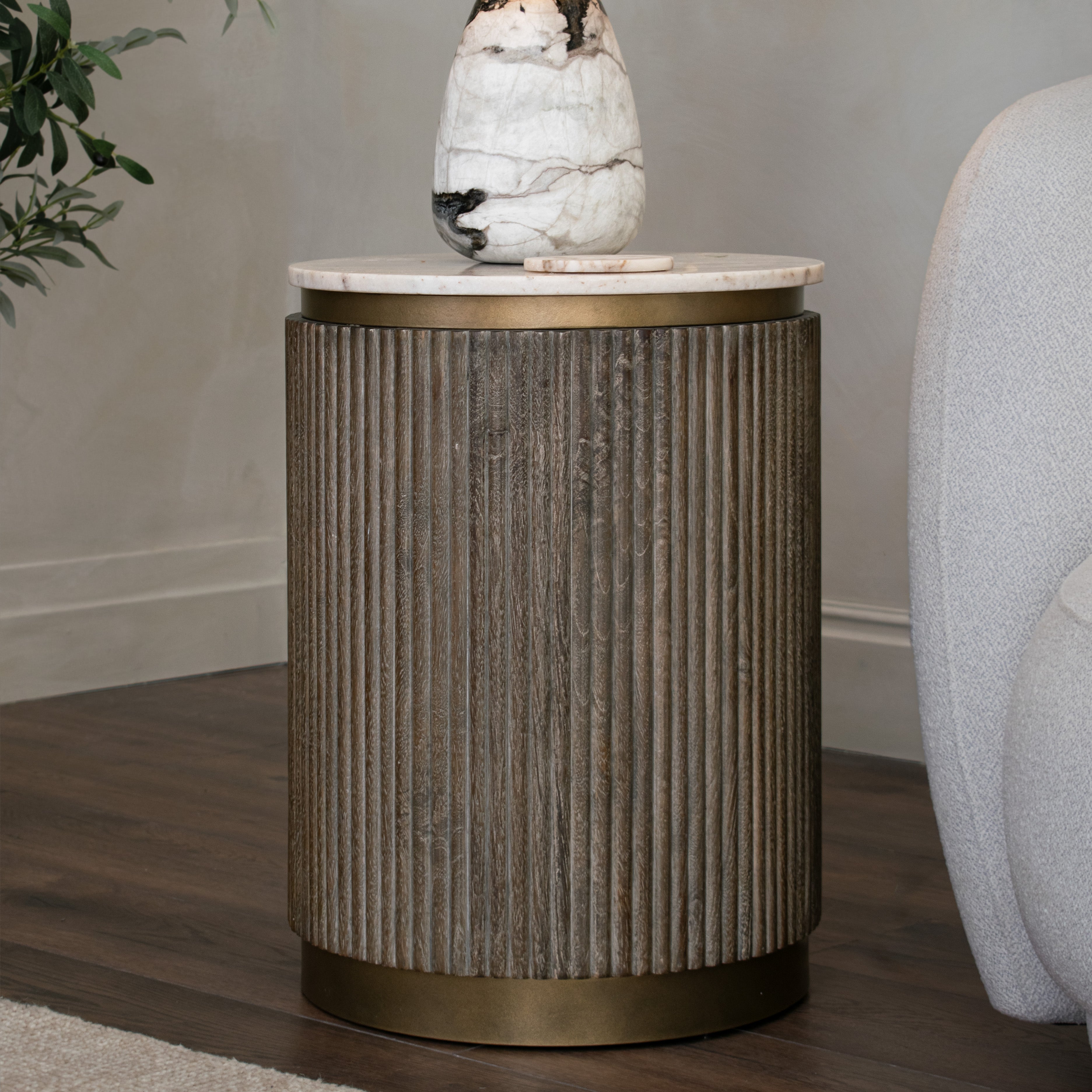 Maigue Brown Textured Wood Side Table with Marble Top by RV Astley
