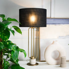 Freja Travertine & Black Linen Shade Table Lamp by RV Astley