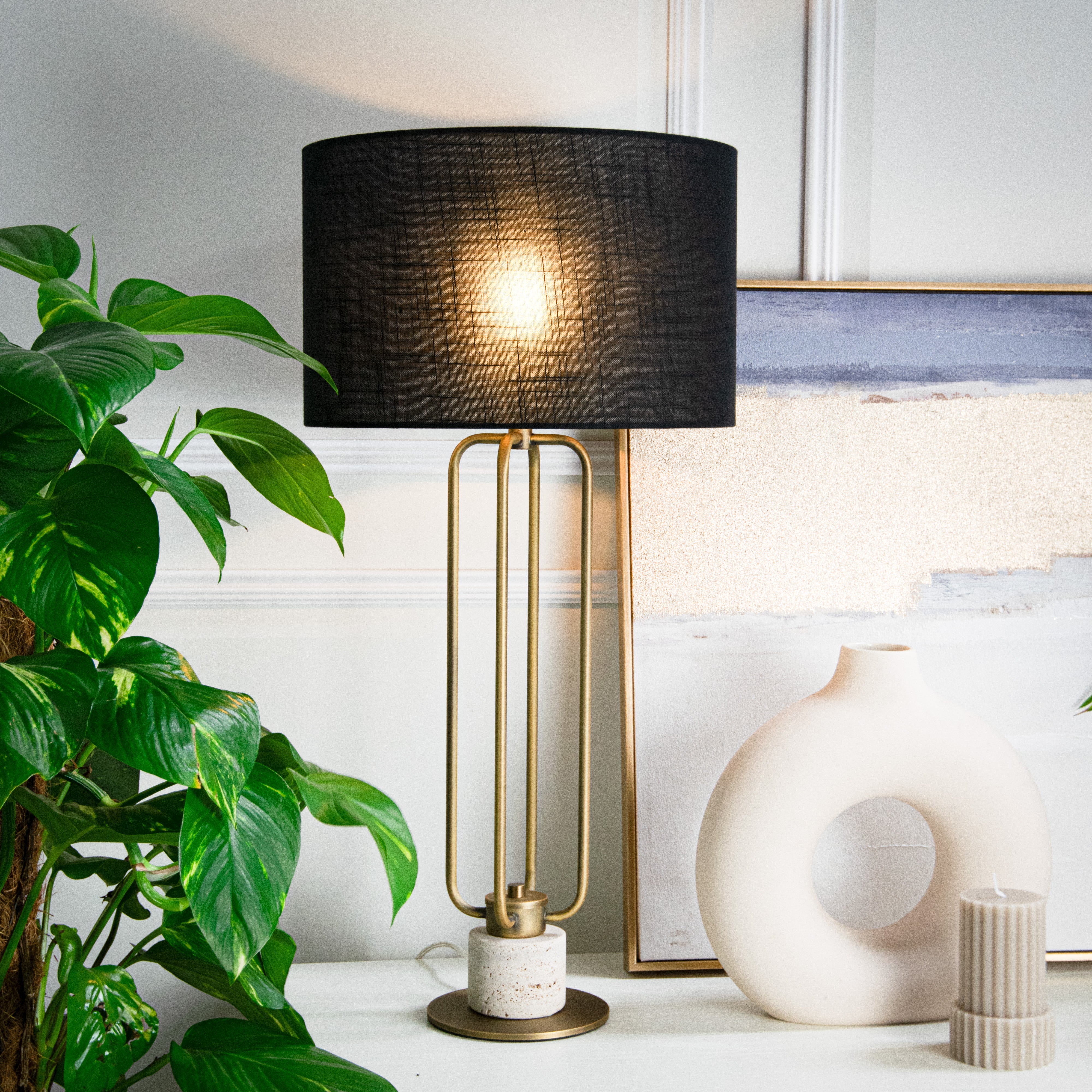 Freja Travertine & Black Linen Shade Table Lamp by RV Astley