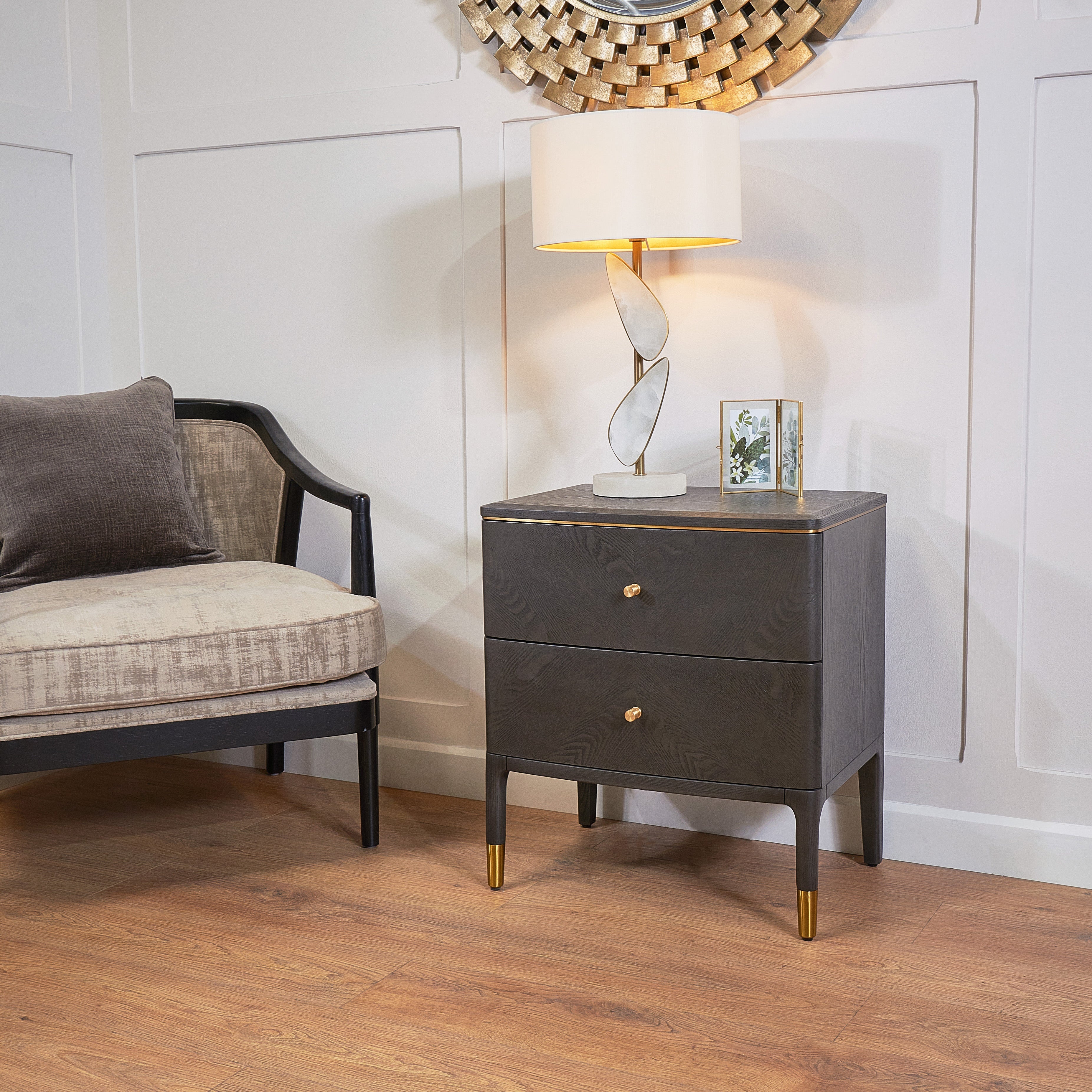 Vancent Dark Grey & Brass 2 Drawer Side Table by RV Astley