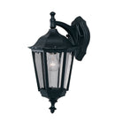 Classic black outdoor wall light with clear glass panels and a visible incandescent bulb.