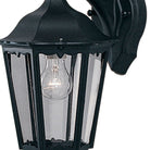 Close-up of a black outdoor wall lantern with a clear bulb, emphasizing details.