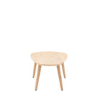 Compact light wood side table featuring a rounded triangular top and three splayed legs.