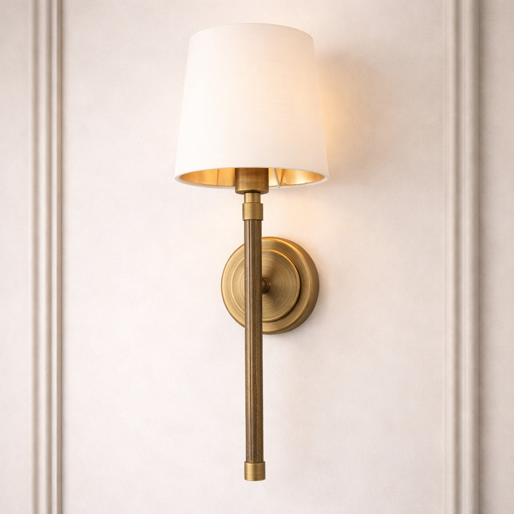 Tirso Antique Brass & Fabric Shade Wall Light by RV Astley